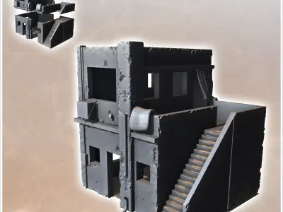 Modern flat-roofed desert building with side stairs and door cur 3D print model