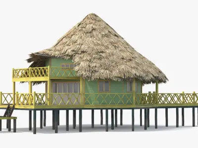  Seaside Hut with Palm Leaf Roof and Elevated Deck Yellow Railings 