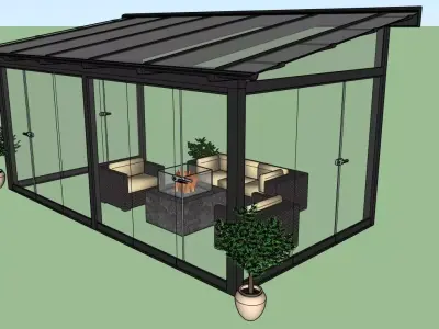 Glass-Enclosed Outdoor Seating Area with Fire Pit - 3D Model 3D model