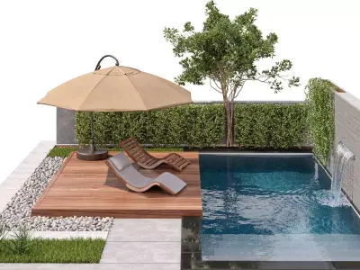 Backyard with Pool  plants  Furniture 3D model