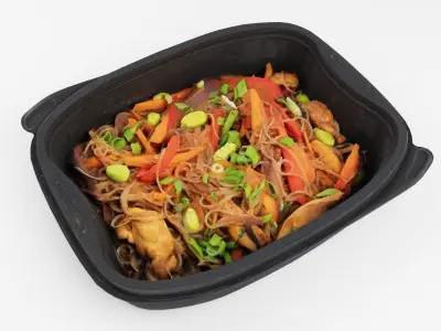 lunch box with fried noodles chicken vegetables 3D model