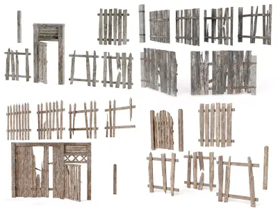 Old damaged raw wooden fence barrier collection da1 3D Model Pack