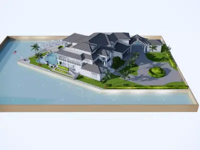 Luxury Waterfront Mansion  with Dock and Pool - High Detail Low-poly 3D model
