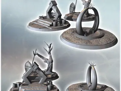 Circular structures featuring an archway a hut and a twisted tre 3D print model