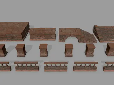 ruin set 1 brick bridge with stairs Low-poly 3D model