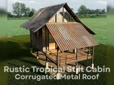 Rustic Tropical Stilt Cabin - Corrugated Metal Roof Low-poly 3D model