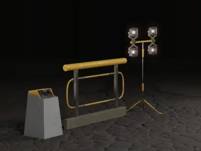 Trash Container with modular fence and construction spotlight  Low-poly 3D model