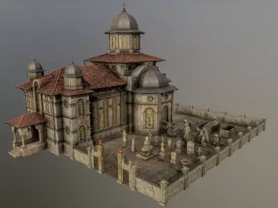 Old Church with GraveYard Low-poly 3D model