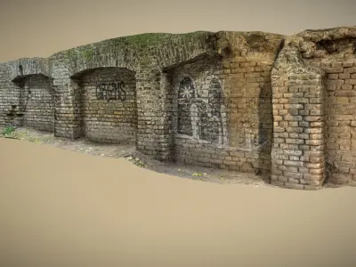Scanned photorealistic brick and wood crumbling wall  Low-poly 3D model