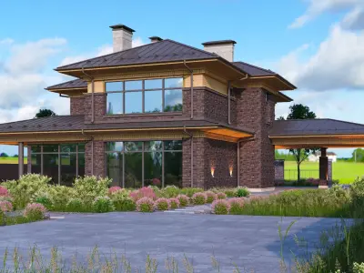 Model of a wright-style house with a carport 3D model