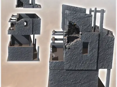 Ruined flat-roofed desert building with wooden pillars debris an 3D print model