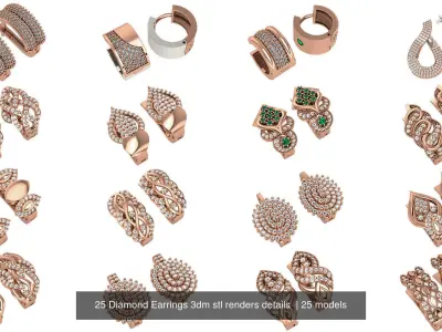 25 Diamond Earrings 3dm stl renders details  3D Model Pack