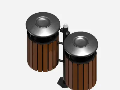 Double wooden circular cage  trash can with tap cover Low-poly 3D model