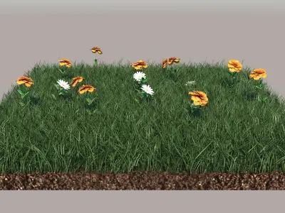 Grass grassy field with orange flowers 3D model