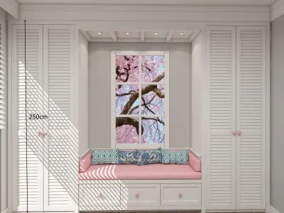 Childroom bedroom with window seat and closets 3D model