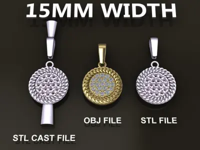 Cuban Link Round Diamond Cluster Frame Pendant 15MM Diameter 3D print model