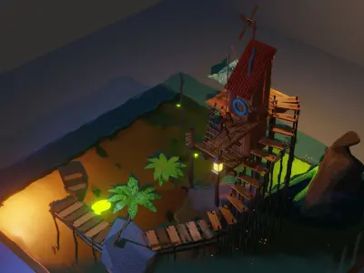 SeaShack island with light Low-poly 3D model