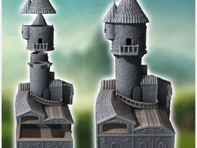 Medieval building with multiple carved doors double towers with  3D print model