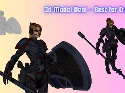  Rigged Futuristic Warrior with Shield  Weapon Female Soldier Low-poly 3D model