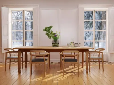 Dining  wooden table and chairs 3D model