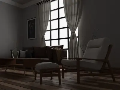 Modern Living  Room set - with curtain Low-poly 3D model