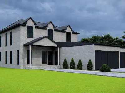 Modern Two Story Stone House with Realistic Exterior Design 3D model
