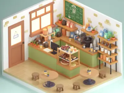 Stylized Isometric Coffee Shop Interior 3D Model Cozy Cafe Scene 3D model