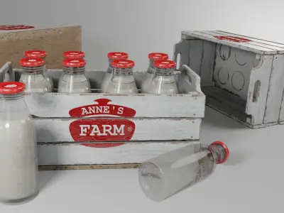 Crate with glass milk bottles Low-poly 3D model