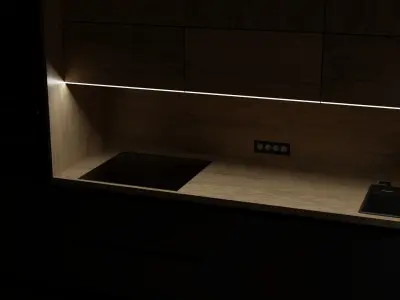 DarkKitchen kitchen with cabinets and wooden floor 3D model