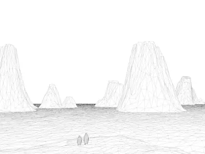 low poly glaciers icebergs and penguins in water 3D model