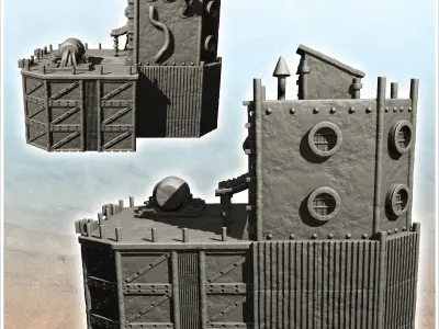 Fortified steel barracks with tank and roof access door -4- 3D print model