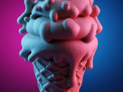 Surreal Pink Ice Cream Melting Scoops Waffle Cone 3D Low-poly 3D model