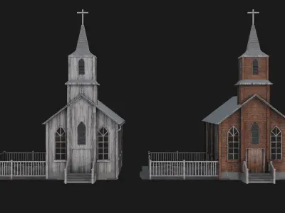 two old churches wooden and brick with pbr textures Low-poly 3D model