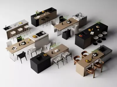 Modern Kitchen Island Dining Sets Pack Low-poly 3D model