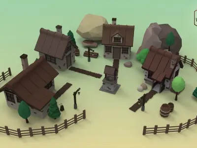 Low Poly Mountain Village Low-poly 3D model