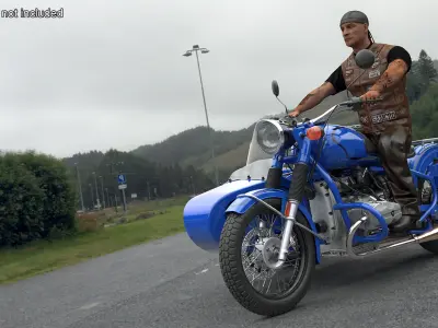  Biker on Retro Classic Blue Motorcycle with Sidecar 