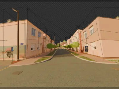 Street with stylized buildings low poly scene Free 3D model
