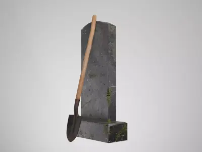 Graveyard Shovel Leaning Against Tombstone  Low-poly 3D model