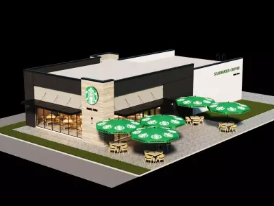Starbucks cafe building whith interior furniture 3D model