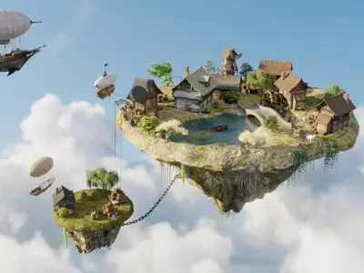 Floating Island Village Ultra-Realistic 3D Environment Low-poly 3D model