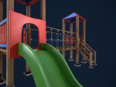 Playground wooden bridge with slide Low-poly 3D model
