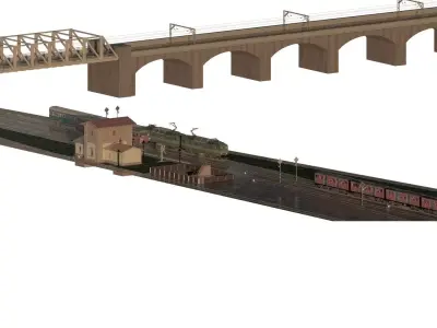 TRAIN DEPOT WITH BRIDGE AND TRAINS 3D model