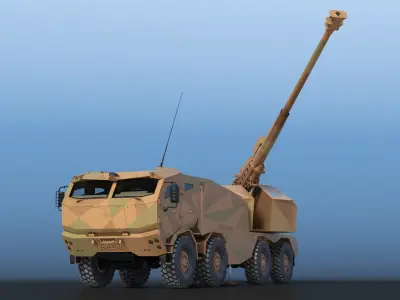  Wheeled Armored Howitzer in Desert Camouflage Rigged 