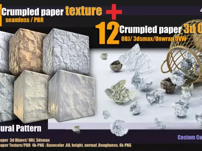 11 crumpled paper PBR texture and 12 crumpled paper 3d Object Texture