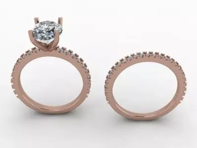 4 Prong Solitaire Oval Diamond Engagement Ring with Diamond Band 3D print model