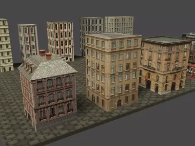 Buildings tall building on cobblestone street Low-poly 3D model