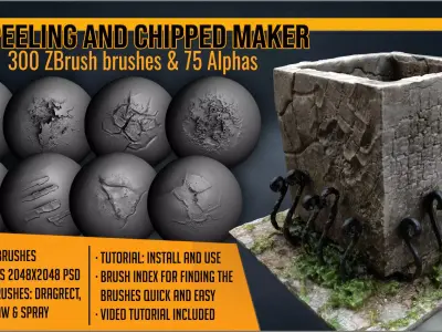 Peeling and Chipped Maker 300 ZBrush brushes and 75 alphas Texture