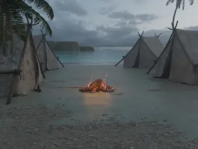 Night Scout Campfire on Beach - Realistic 3D Scene 3D model