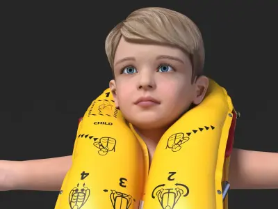  Child Character with Life Vest T-Pose 