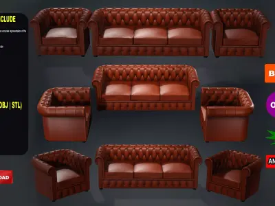 SOFA SET three chesterfield sofas Low-poly 3D model